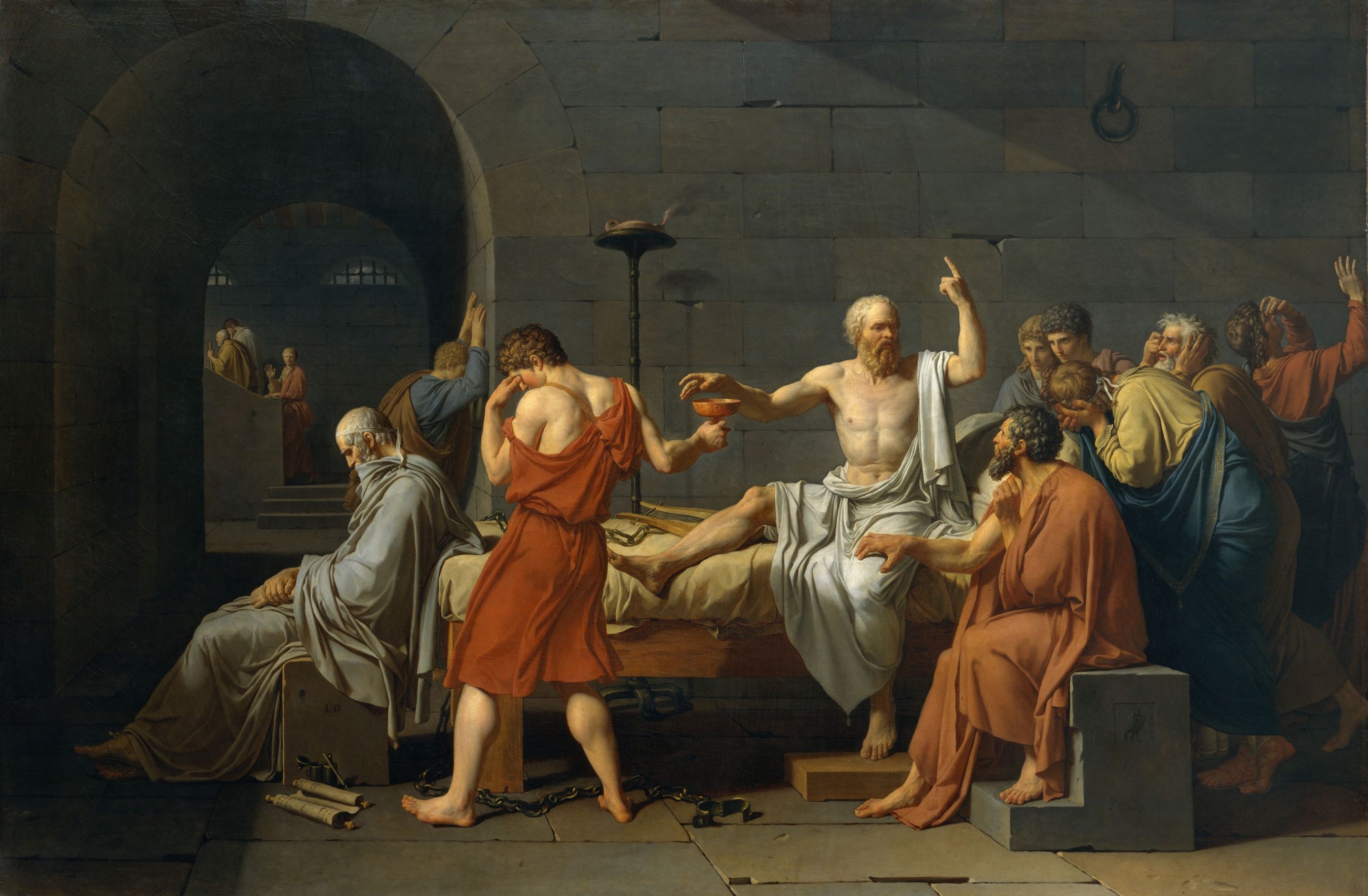 THE DEATH OF SOCRATES, by Jacques Louis David, 1787, French Neoclassical painting, oil on canvas. Greek Classical philosopher Socrates about to drink poison hemlock as the price of maintaining his beliefs. Most of his disciples are grieving, except for th